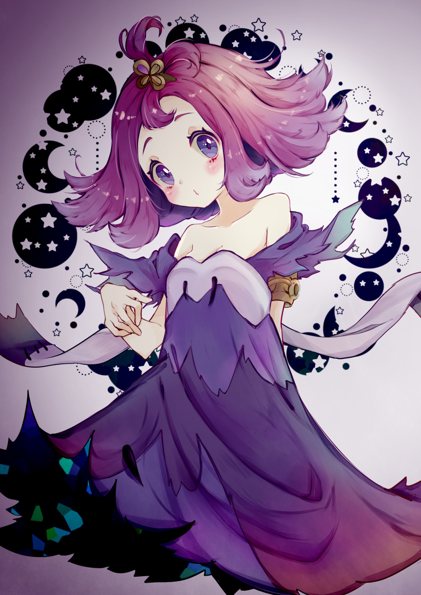 1girl absurdres acerola_(pokemon) armlet bare_shoulders blush breasts cleavage collarbone dress elite_four flipped_hair hair_ornament hairclip highres looking_at_viewer off_shoulder pokemon pokemon_(game) pokemon_sm pout purple_hair short_hair small_breasts solo strapless trial_captain