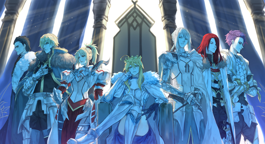 2girls 5boys agravain_(fate/grand_order) armor artoria_pendragon_lancer_(fate/grand_order) bedivere_(fate/grand_order) black_hair blonde_hair breasts cape commentary_request fate/grand_order fate_(series) fur_trim gawain_(fate/extra) green_eyes hand_on_own_chest highres lancelot_(fate/grand_order) looking_at_viewer multiple_boys multiple_girls parted_lips ponytail purple_hair redhead saber saber_of_red sitting standing tristan_(fate/grand_order) yepnean