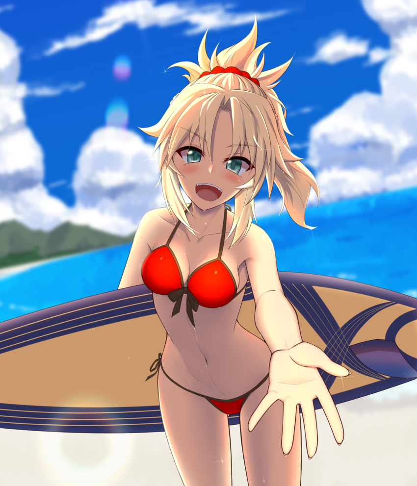 1girl blonde_hair blush breasts cleavage eyebrows_visible_through_hair fate/grand_order fate_(series) green_eyes highres holding_surfboard kuroshiro_(ms-2420) looking_at_viewer medium_breasts navel open_mouth red_scrunchie saber_of_red scrunchie short_hair short_ponytail smile solo standing surfboard teeth