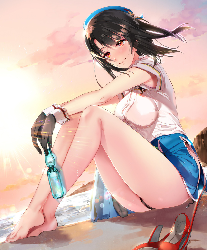 1girl artist_name barefoot beach beret black_gloves black_hair black_panties blouse blue_hat blue_skirt blush bottle breasts cliff commentary_request feet full_body gloves group_name hair_blowing hat hayakawa_akari highres holding holding_bottle kantai_collection knees_up large_breasts legs_crossed lips looking_at_viewer ocean outdoors panties pantyshot pantyshot_(sitting) red_eyes red_shoes shoes shoes_removed short_sleeves sitting skirt smile solo sun sunset takao_(kantai_collection) underwear white_blouse wind