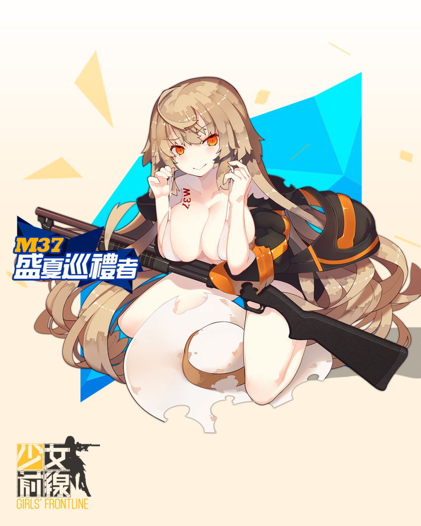 1girl 3: bangs bikini blush breasts character_name cleavage closed_mouth copyright_name full_body girls_frontline gun hair_between_eyes hands_up hat hat_removed headwear_removed highres ithaca_m37 ithaca_m37_(girls_frontline) jacket kneeling large_breasts legs_apart long_hair looking_at_viewer official_art open_clothes open_jacket rain_lan shotgun sidelocks solo sun_hat swimsuit torn_clothes torn_jacket very_long_hair weapon white_bikini