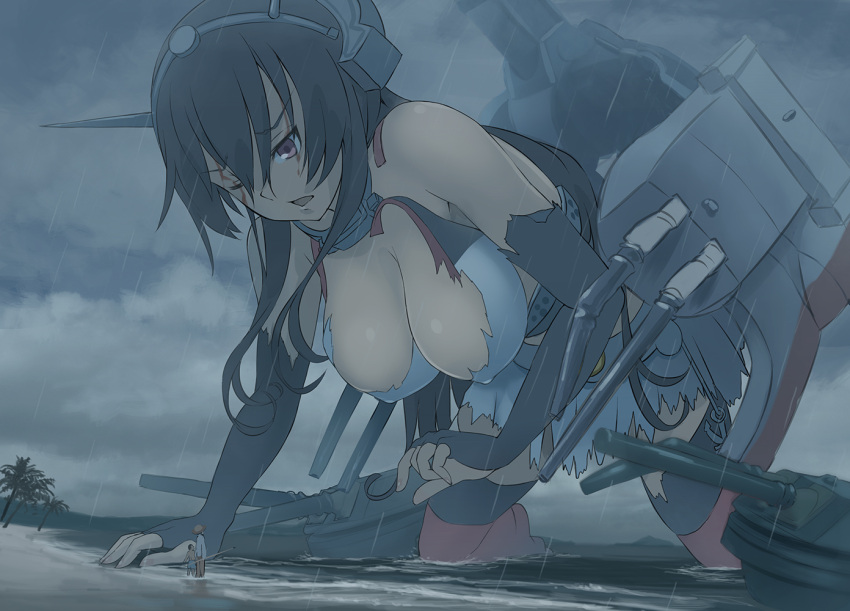 1girl 2boys black_hair blood blood_on_face breasts elbow_gloves fingerless_gloves giantess gloves hanging_breasts headgear kantai_collection kuro_oolong large_breasts long_hair machinery multiple_boys nagato_(kantai_collection) ocean one_eye_closed open_mouth pleated_skirt rain red_eyes skirt torn_clothes torn_skirt turret white_skirt