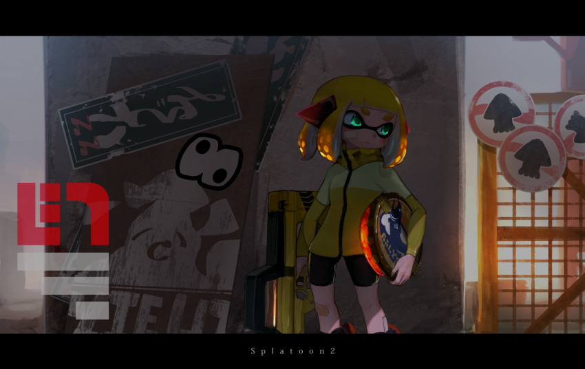 1girl arms_at_sides bandaid bandaid_on_face bandaid_on_knee bangs bike_shorts black_shorts blonde_hair blunt_bangs closed_mouth copyright_name cowboy_shot day domino_mask expressionless glowing graffiti green_eyes headphones high_collar highres holding holding_weapon inkling jacket kashu_(hizake) letterboxed long_sleeves looking_to_the_side mask multicolored_hair orange_hair outdoors road_sign short_hair shorts sign solo splatoon splatoon_2 squidbeak_splatoon standing tentacle_hair wall weapon zipper