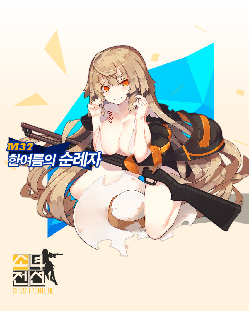 1girl 3: bangs bikini blush breasts character_name cleavage closed_mouth copyright_name full_body girls_frontline gun hair_between_eyes hands_up hat hat_removed headwear_removed highres ithaca_m37 ithaca_m37_(girls_frontline) jacket kneeling korean large_breasts legs_apart long_hair looking_at_viewer official_art open_clothes open_jacket rain_lan shotgun sidelocks solo sun_hat swimsuit torn_clothes torn_jacket very_long_hair weapon white_bikini