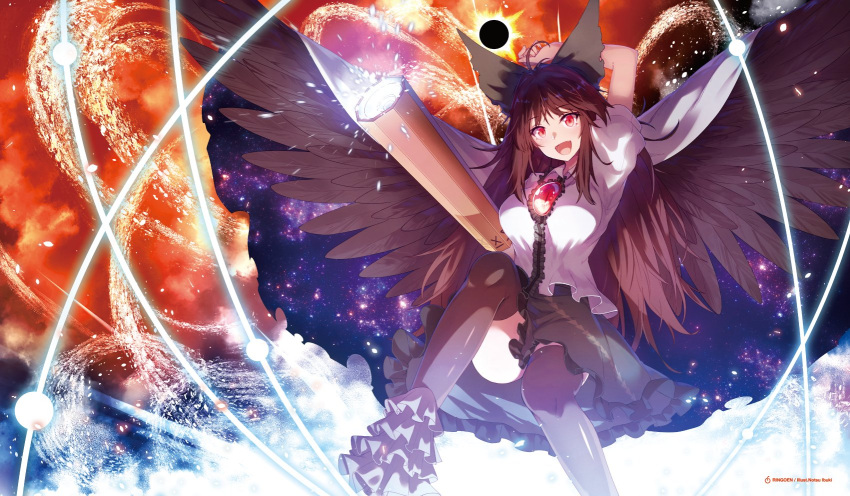 1girl arm_cannon bird_wings black_hair black_wings blush bow cape hair_bow highres ibuki_notsu long_hair looking_at_viewer puffy_short_sleeves puffy_sleeves red_eyes reiuji_utsuho short_sleeves smile solo third_eye touhou weapon wings