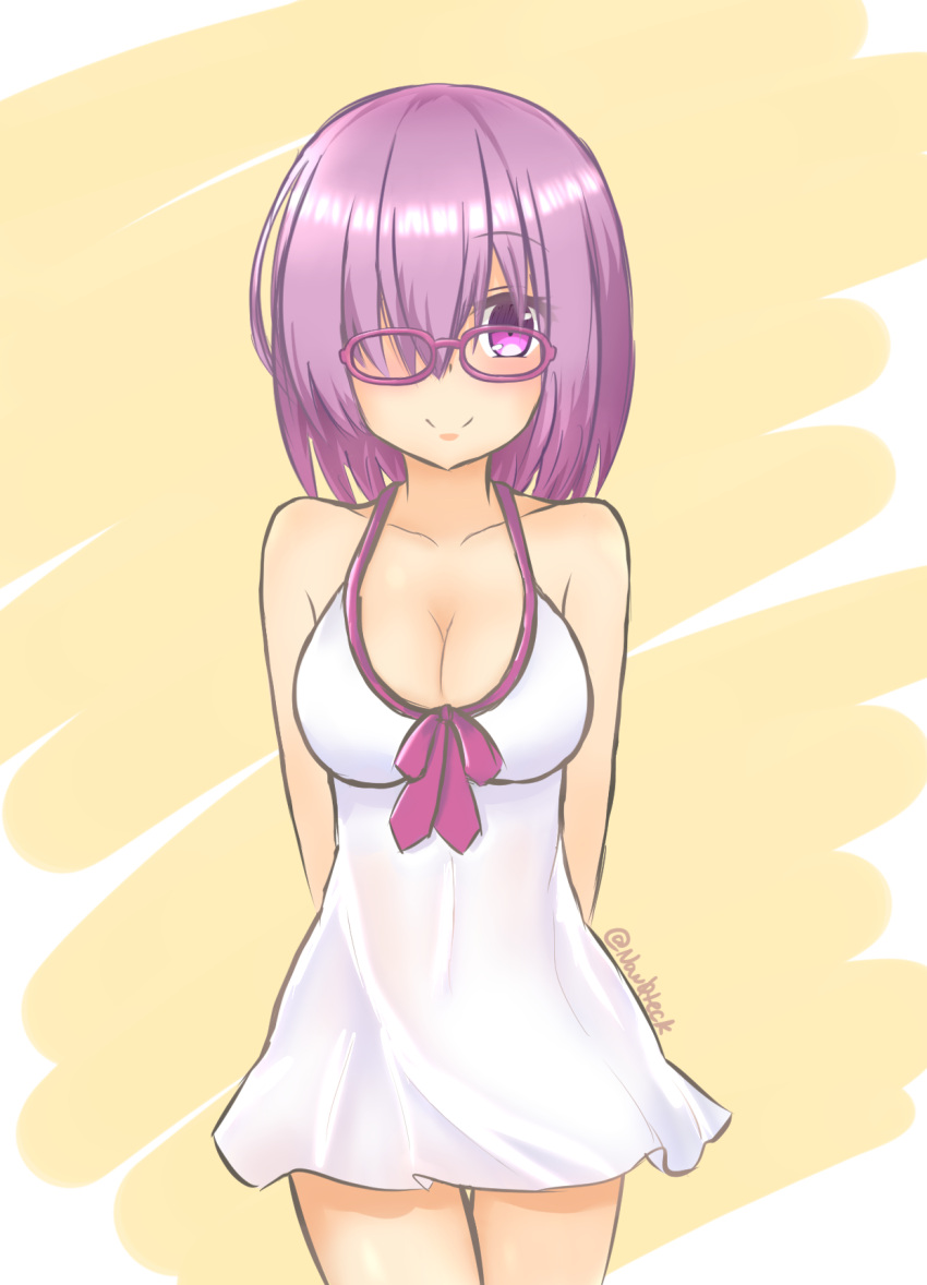 1girl artist_name blush breasts cleavage collarbone eyebrows_visible_through_hair fate/grand_order fate_(series) glasses hair_over_one_eye highres large_breasts looking_at_viewer nan0teck purple_hair shielder_(fate/grand_order) smile solo twitter_username violet_eyes