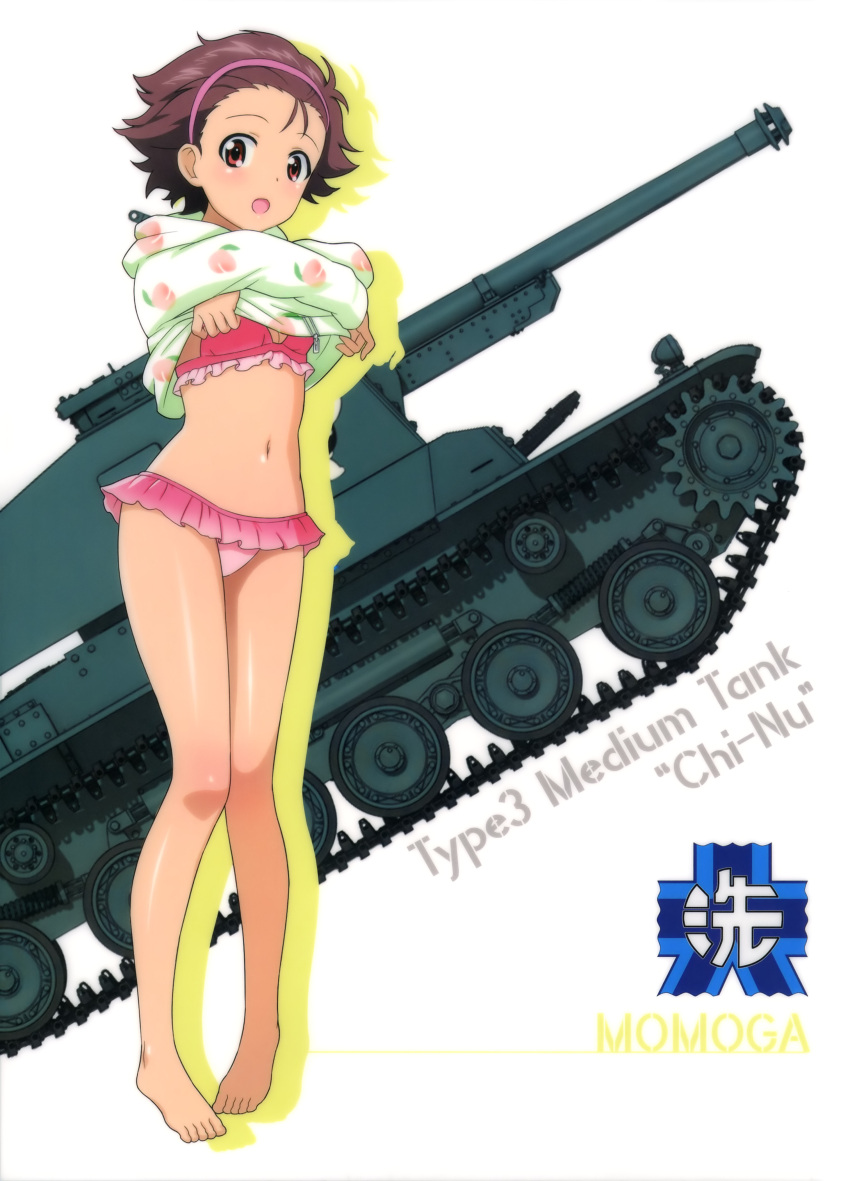 10s absurdres barefoot bikini breasts brown_hair caterpillar_tracks cleavage clothes_lift emblem frilled_bikini frills girls_und_panzer ground_vehicle hairband highres looking_at_viewer military military_vehicle momogaa motor_vehicle ooarai_(emblem) open_mouth pink_bikini pink_hairband red_eyes shiny shiny_skin short_hair small_breasts standing sweater sweater_lift swimsuit tank type_3_chi-nu undressing white_background