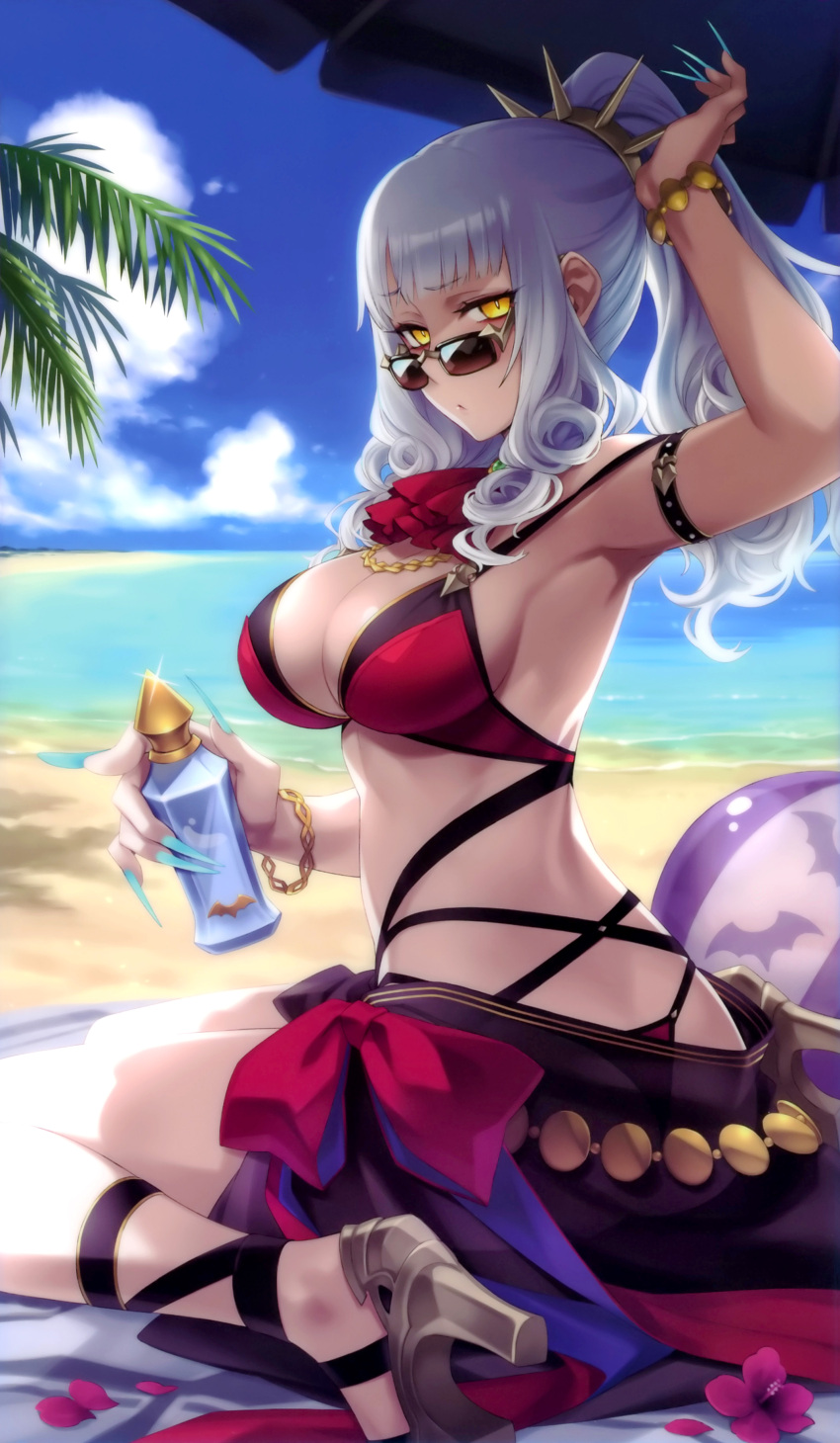1girl absurdres ass ball beach beachball bikini bottle bracelet breasts carmilla_(fate/grand_order) cleavage clouds cropped day fate/grand_order fate_(series) fingernails flower from_behind grey_hair high_heels highres hiroki_saito jewelry large_breasts long_fingernails looking_back ocean official_art outdoors scan seiza sitting solo summertime_mistress_(fate/grand_order) sunglasses swimsuit water yellow_eyes