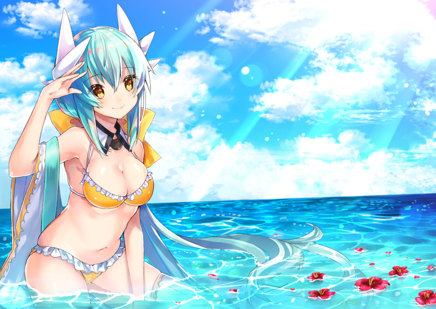 1girl aqua_hair bikini breasts clouds detached_collar detached_sleeves fate/grand_order fate_(series) flower hair_ribbon highres horns kiyohime_(fate/grand_order) kneeling large_breasts long_hair looking_at_viewer navel partially_submerged ribbon sakofu smile solo swimsuit thigh-highs water yellow_eyes