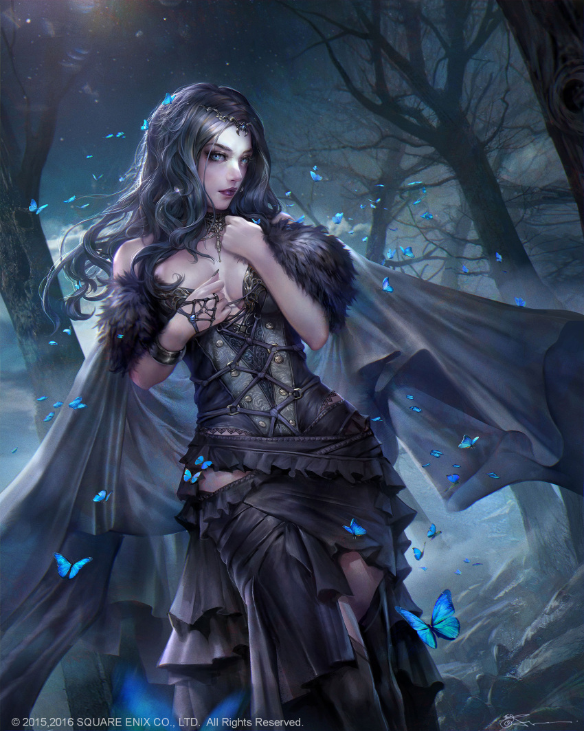 1girl armband bare_shoulders black_dress black_hair blue_eyes breasts butterfly cleavage cloak copyright_name corset dated dress forest fur gem hand_on_own_chest highres jeremy_chong jewelry long_hair looking_at_viewer medium_breasts mobius_final_fantasy nature necklace night outdoors purple_lips solo square_enix tiara tree watermark