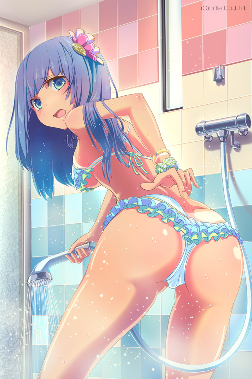 1girl ass blue_hair blush bracelet breasts dark_skin eyebrows_visible_through_hair from_behind green_eyes highres jewelry large_breasts long_hair looking_at_viewer loup open_mouth original shower_(place) showering solo swimsuit under_boob
