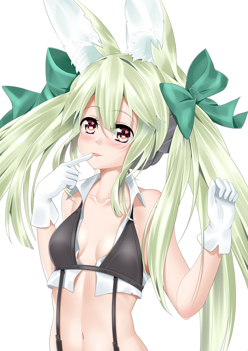 1girl absurdres blush bow breasts character_request collarbone eyebrows_visible_through_hair finger_to_mouth girls_frontline gloves green_bow green_hair grey_eyes hair_bow heart heart-shaped_pupils highres kong_lang_(skywave) looking_at_viewer medium_breasts navel smile solo symbol-shaped_pupils tongue tongue_out upper_body white_gloves