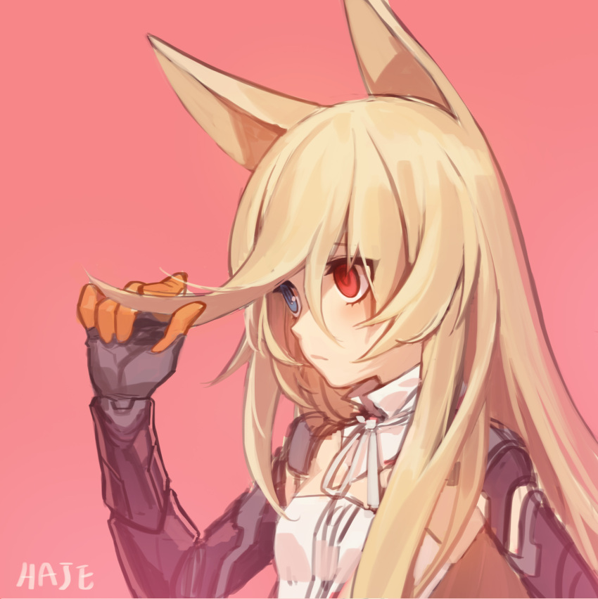 1girl animal_ears bangs blonde_hair blue_eyes blush closed_mouth g41_(girls_frontline) girls_frontline hair_between_eyes haje hand_up heterochromia highres holding holding_hair long_hair pink_background red_eyes sidelocks sketch solo upper_body