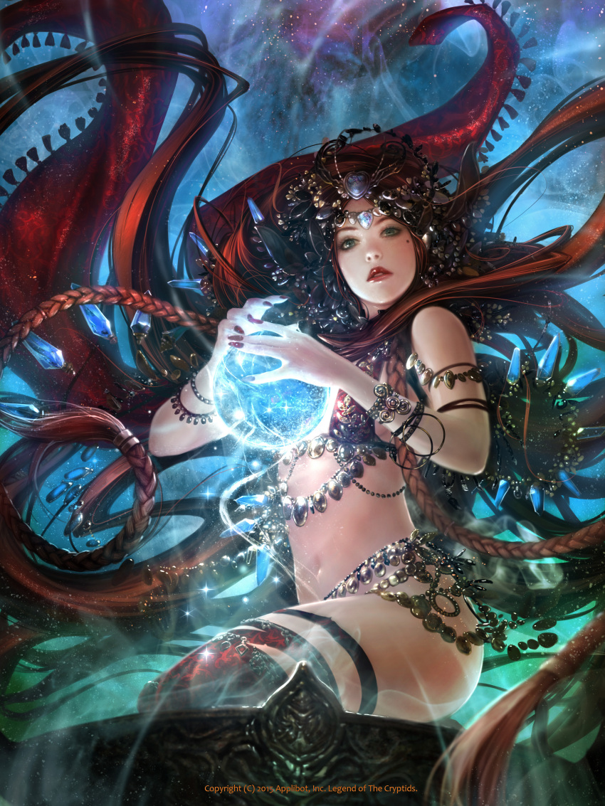 1girl absurdres armband ass bare_shoulders blue_eyes bra bracelet braid breasts cleavage copyright_name crystal fingernails gem highres jewelry kisuny_park legend_of_the_cryptids lips long_hair looking_at_viewer magic mole mole_under_eye navel parted_lips red_bra red_legwear smoke solo thigh-highs tiara underwear