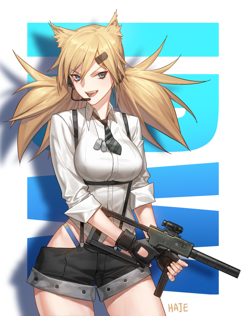 &gt;:d 1girl :d animal_ears artist_name bangs black_gloves black_shorts blonde_hair blue_eyes blue_panties breasts cat_ears character_name collared_shirt contrapposto cowboy_shot eyebrows_visible_through_hair fang finger_on_trigger fingerless_gloves foregrip girls_frontline gloves gun hair_ornament hairclip haje headset highleg highleg_panties highres holding holding_gun holding_weapon idw_(girls_frontline) large_breasts long_hair looking_at_viewer open_mouth panties shirt short_shorts shorts sleeves_rolled_up smile solo suppressor suspender_shorts suspenders teeth thighs tsurime twintails underwear weapon white_shirt