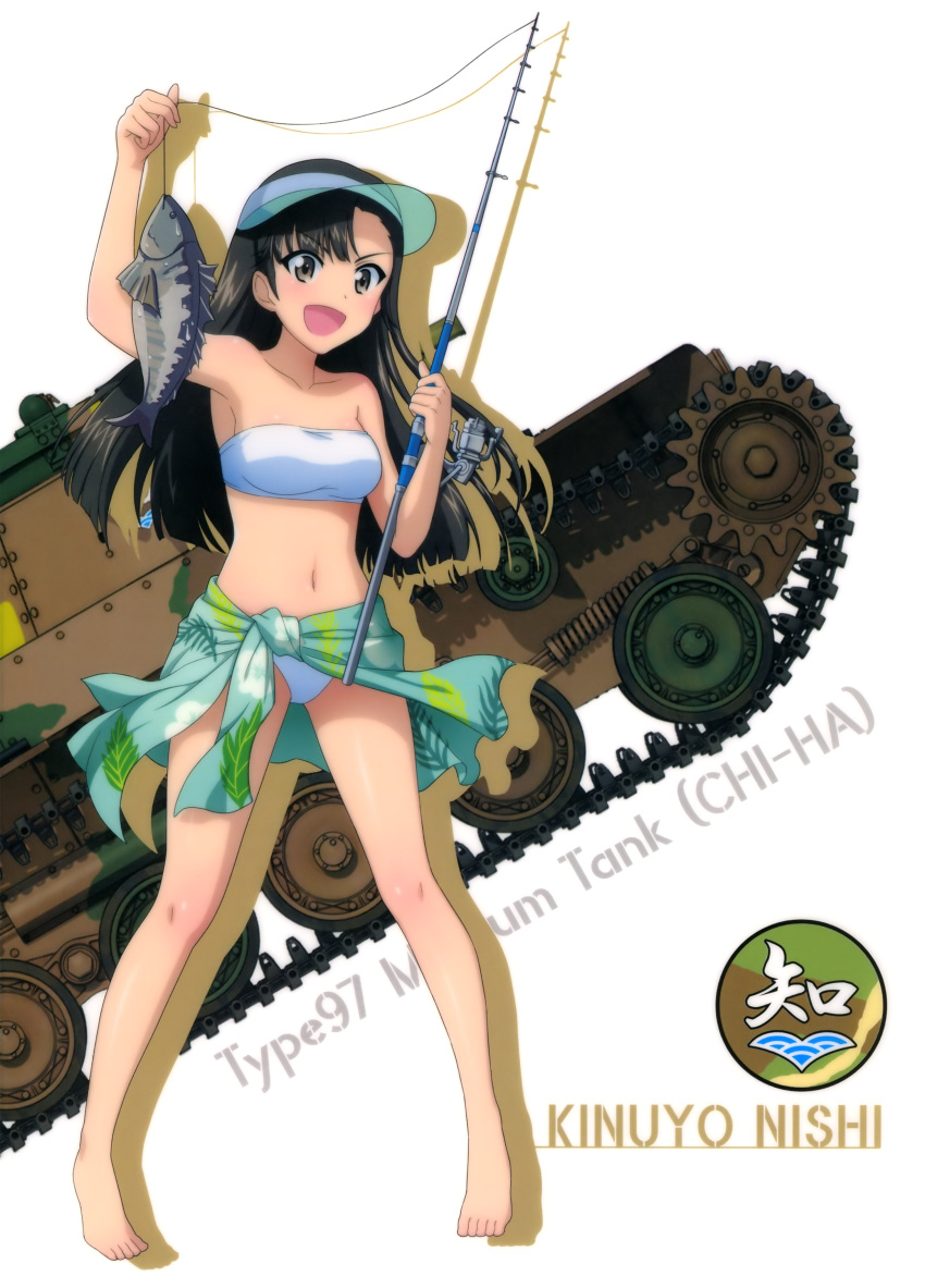 10s 1girl :d absurdres barefoot bikini black_hair breasts brown_eyes caterpillar_tracks character_name collarbone eyebrows_visible_through_hair fish floating_hair girls_und_panzer ground_vehicle highres holding long_hair medium_breasts military military_vehicle motor_vehicle navel nishi_kinuyo open_mouth sarong shiny shiny_skin simple_background smile solo standing strapless strapless_bikini swimsuit tank type_97_chi-ha white_background white_bikini