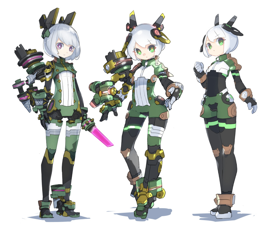3girls android black_legwear bob_cut bodysuit boots cheri_zao clenched_hand crop_top dagger expressionless eyebrows_visible_through_hair full_body gloves green_eyes green_legwear headgear highres looking_at_viewer machinery multiple_girls original short_hair short_shorts shorts simple_background standing turtleneck violet_eyes weapon white_background white_hair zipper