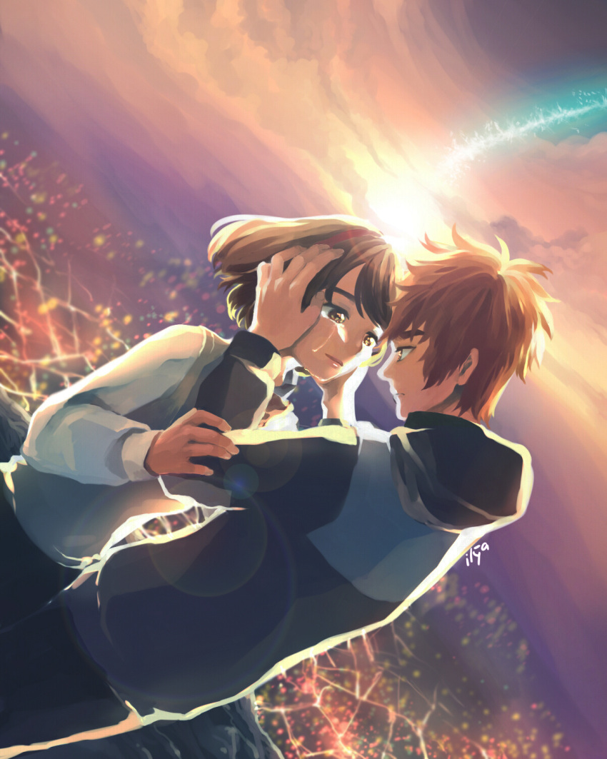1boy 1girl black_hair blurry blurry_background brown_eyes brown_hair commentary eye_contact hair_ribbon hands_on_another's_face highres hood hoodie kimi_no_na_wa lens_flare long_sleeves looking_at_another miyamizu_mitsuha red_ribbon ribbon sweater_vest tachibana_taki tears