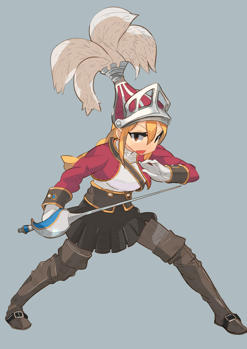 1girl absurdres agrias_oaks blonde_hair boots braid fgz final_fantasy final_fantasy_tactics gloves helmet highres long_sleeves open_mouth pleated_skirt rapier skirt solo sword thigh-highs thigh_boots vest weapon yellow_eyes