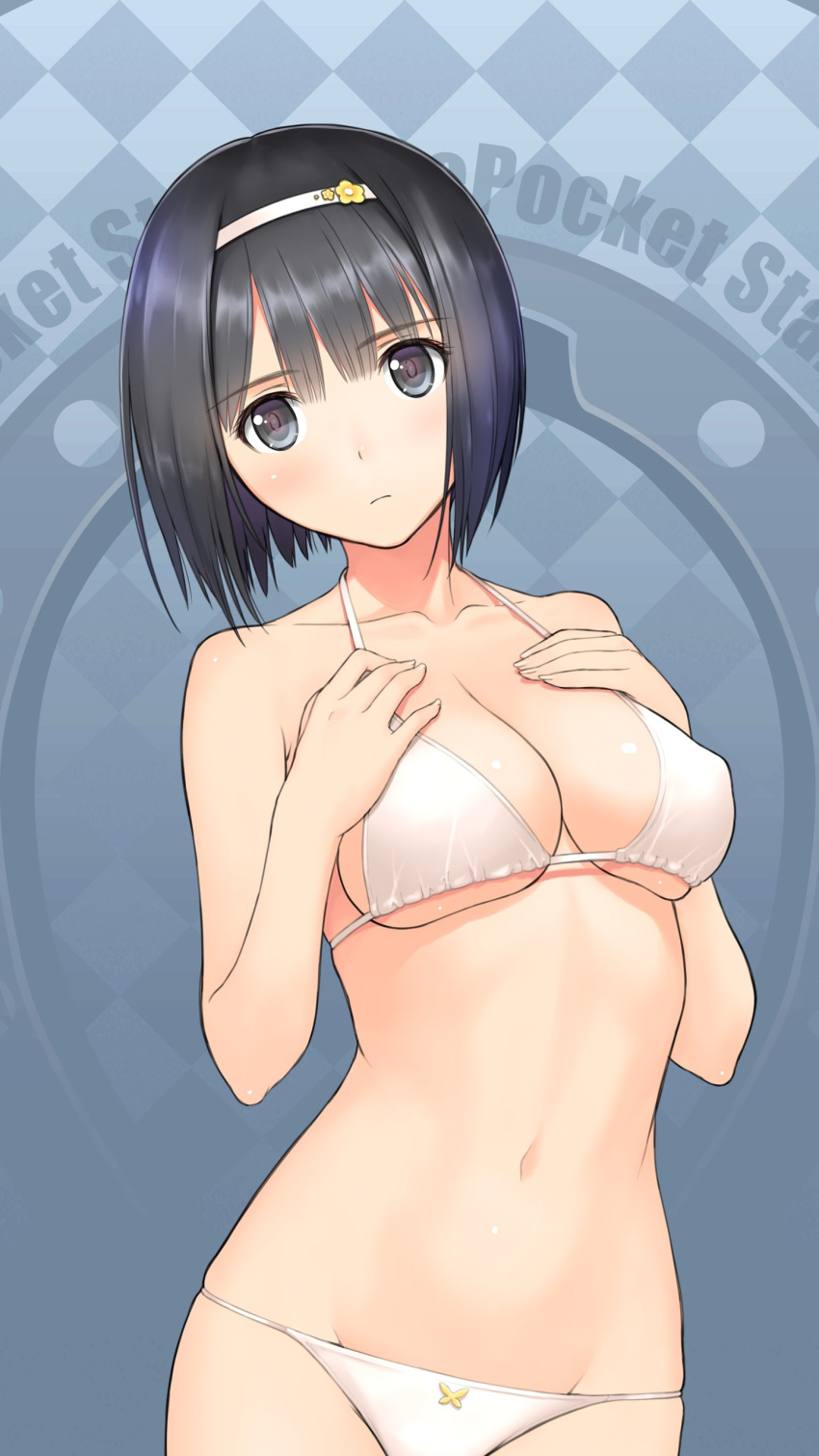 1girl absurdres bangs bare_shoulders bikini black_eyes black_hair bob_cut breasts collarbone commentary_request expressionless eyebrows_visible_through_hair hairband hands_on_own_chest highres looking_away medium_breasts navel official_art short_hair solo swimsuit tanaka_takayuki white_bikini