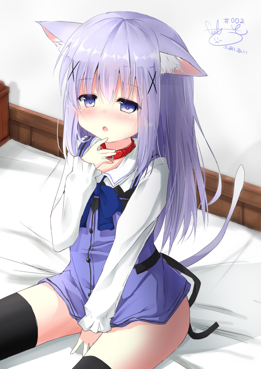 1girl :o animal_ears bangs bed between_legs black_legwear blue_bow blue_bowtie blue_eyes blue_vest blush bow bowtie buttons cat_ears cat_tail collar collared_shirt commentary_request eyebrows_visible_through_hair flat_chest gochuumon_wa_usagi_desu_ka? hair_between_eyes hair_ornament hairclip hand_between_legs hand_on_own_chin highres indoors kafuu_chino kemonomimi_mode kouda_suzu light_blue_hair long_hair long_sleeves looking_at_viewer no_pants on_bed open_mouth rabbit_house_uniform red_collar shadow shirt sidelocks signature sitting solo tail thigh-highs vest white_shirt wing_collar x_hair_ornament