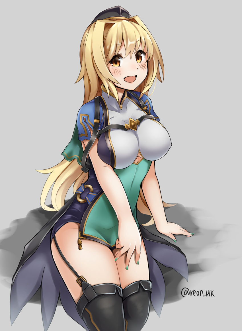 10s 1girl absurdres artist_request bangs blonde_hair blush breasts cleavage granblue_fantasy hair_between_eyes hat highres large_breasts leotard long_hair looking_at_viewer miimu open_mouth shingeki_no_bahamut smile solo thigh-highs under_boob underboob_cutout yellow_eyes
