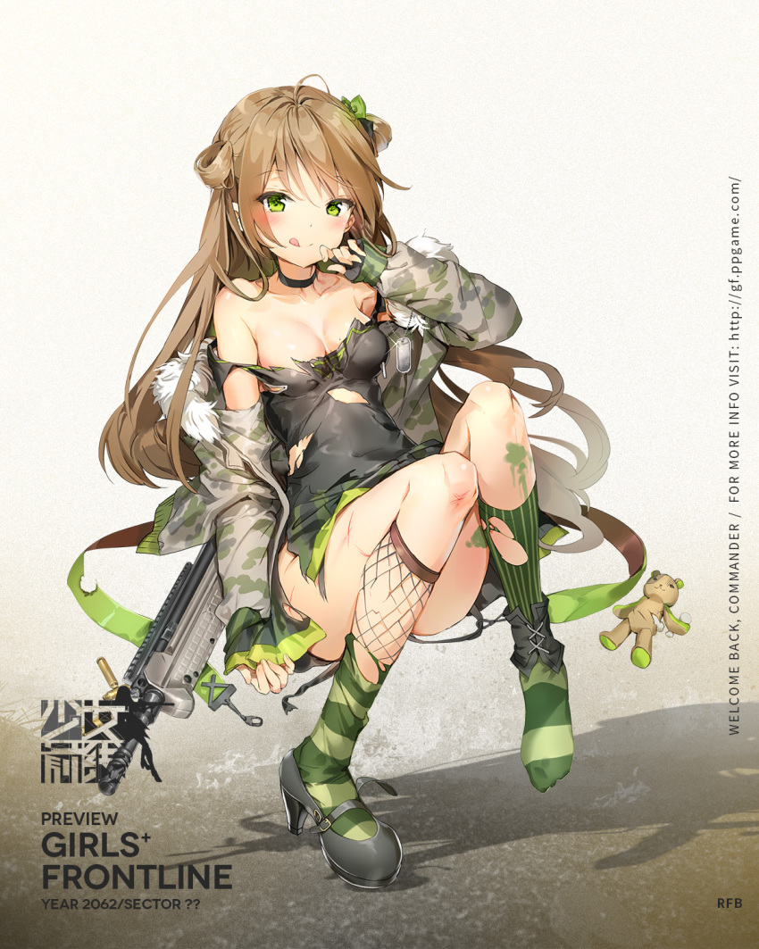 1girl :q ahoge ankle_cuffs anmi assault_rifle black_dress black_gloves blush breasts brown_hair bullpup character_name choker collarbone convenient_leg copyright_name covered_navel dog_tags dress fingerless_gloves fur_trim girls_frontline gloves green_eyes gun high_heels highres kel-tec_rfb mary_janes medium_breasts mole mole_on_breast no_panties off_shoulder official_art rfb_(girls_frontline) rifle scratches shoes sitting sleeves_past_wrists socks solo sparkle striped striped_legwear stuffed_animal stuffed_toy teddy_bear tongue tongue_out torn_clothes torn_dress two_side_up vertical-striped_legwear vertical_stripes weapon