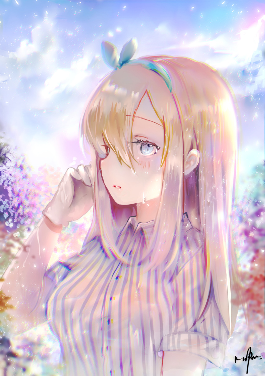 1girl artist_name bangs blonde_hair blue_eyes breasts eyebrows_visible_through_hair flower from_side girls_frontline hair_between_eyes hairband hand_up highres hydrangea long_hair medium_breasts mirutu parted_lips shirt short_sleeves sidelocks signature solo striped striped_shirt suomi_kp31_(girls_frontline)