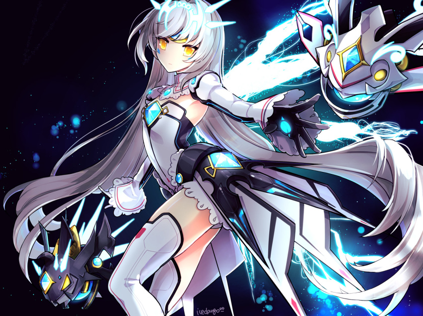 1girl black_gloves code:_battle_seraph_(elsword) cowboy_shot detached_collar elsword eve_(elsword) expressionless flat_chest gloves kuroshio_maki leotard long_hair looking_at_viewer no_nose signature solo thigh-highs white_hair white_legwear white_leotard yellow_eyes