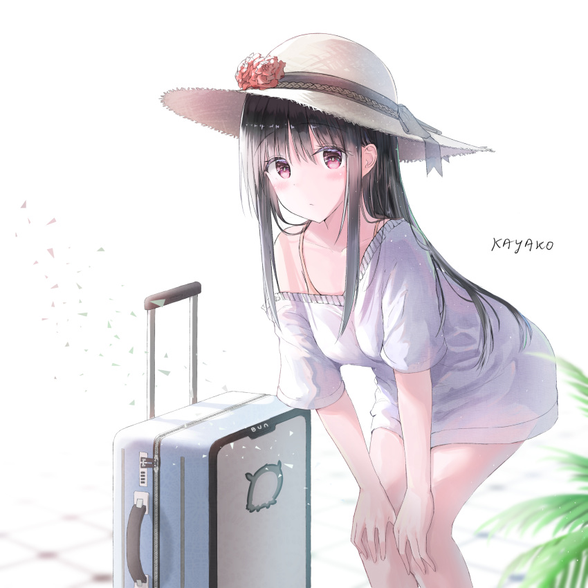 1girl absurdres artist_name bangs black_hair closed_mouth collarbone day dress eyebrows_visible_through_hair hands_on_own_knees hat highres kayakooooo leaning_forward long_hair looking_at_viewer luggage off-shoulder_dress off_shoulder original outdoors sidelocks solo straw_hat sun_hat white_dress
