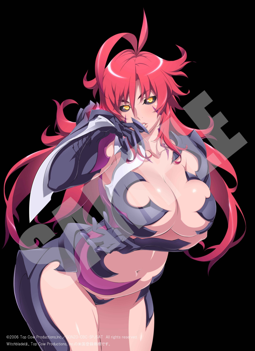 1girl absurdres amaha_masane antenna_hair black_gloves black_sclera breast_hold breasts cleavage collarbone cowboy_shot elbow_gloves eyebrows_visible_through_hair gloves hair_between_eyes highres huge_breasts long_hair navel parted_lips redhead sample simple_background single_elbow_glove single_glove solo tattoo thick_eyebrows uno_makoto white_background witchblade yellow_eyes
