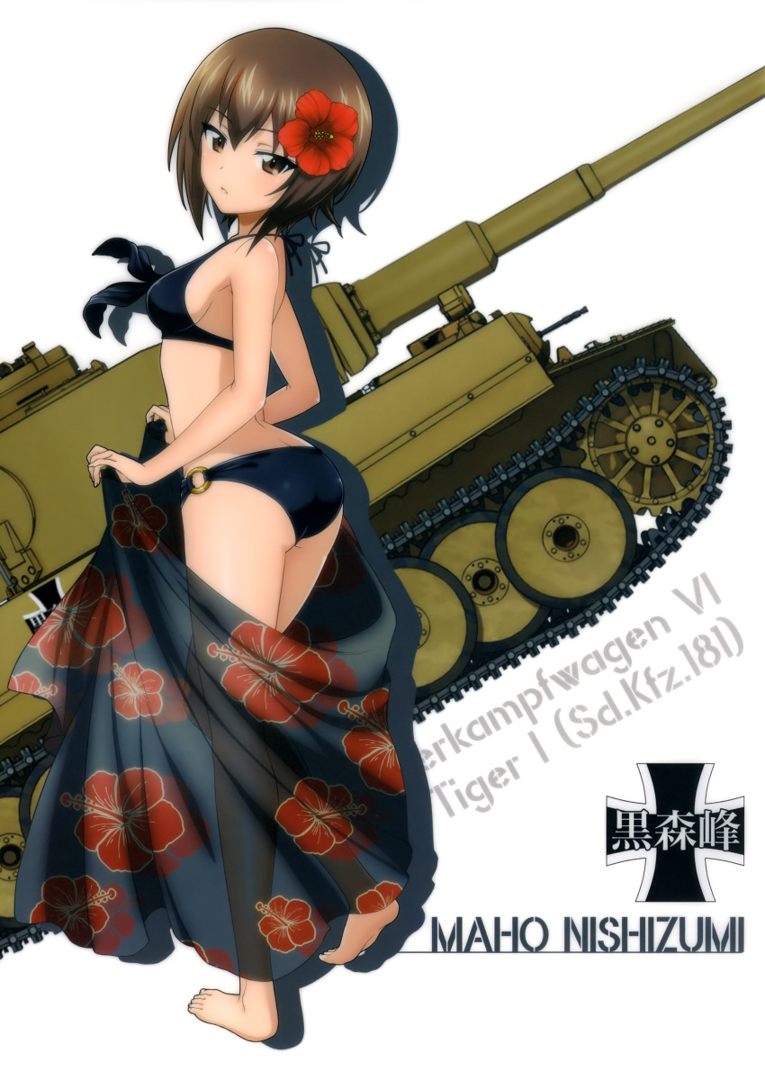 10s 1girl absurdres ass barefoot bikini black_bikini breasts brown_eyes brown_hair flower from_side girls_und_panzer ground_vehicle hair_flower hair_ornament halterneck hibiscus highres looking_at_viewer medium_breasts military military_vehicle motor_vehicle nishizumi_maho o-ring_bikini o-ring_bottom official_art parted_lips scan short_hair sideboob solo swimsuit tank