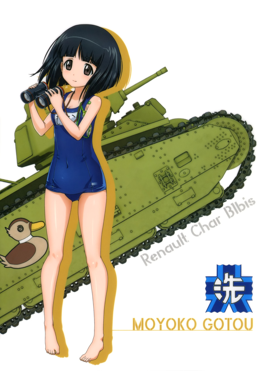10s absurdres barefoot black_eyes black_hair blue_swimsuit breasts cleavage covered_navel full_body girls_und_panzer gotou_moyoko highres holding long_hair renault_b1 school_swimsuit simple_background small_breasts smile standing swimsuit white_background