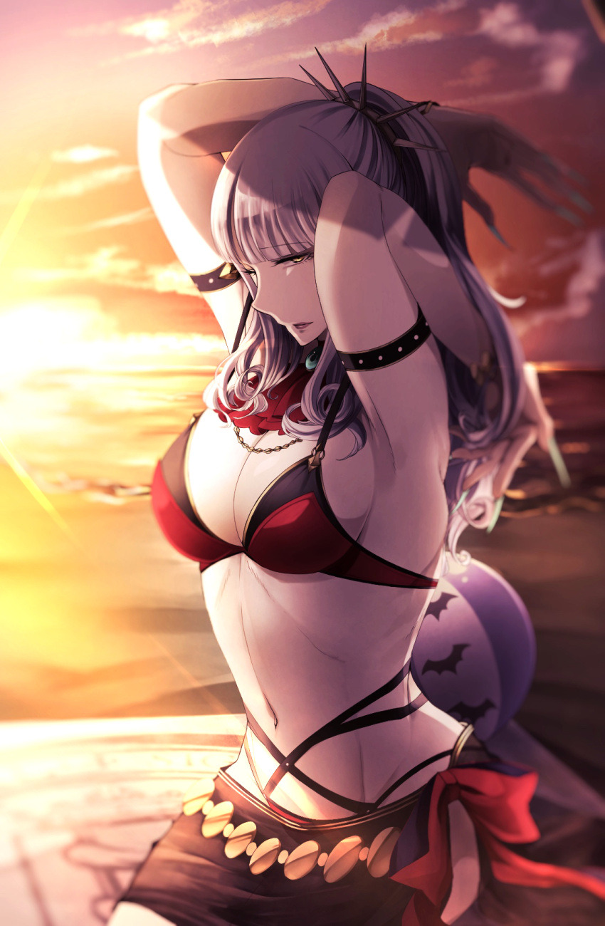 1girl arm_strap arms_up ascot ball beach beachball belly_chain breasts carmilla_(fate/grand_order) cleavage curly_hair fate/grand_order fate_(series) fingernails hairband highres jewelry large_breasts layered_bikini lips long_fingernails long_hair looking_at_viewer navel one_eye_closed outdoors ponytail silver_hair solo spiked_hairband summertime_mistress_(fate/grand_order) sunset yellow_eyes yurinotubomi