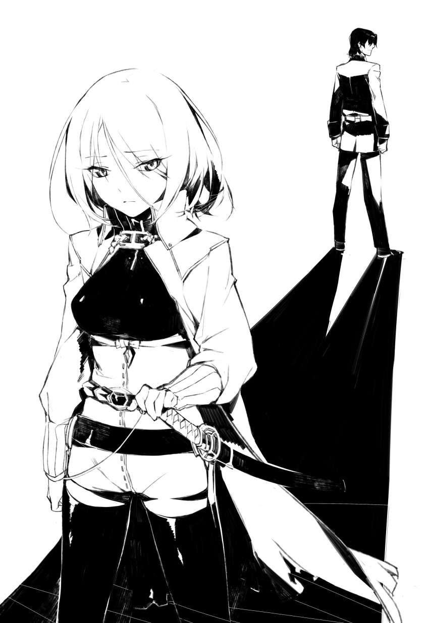 1boy 1girl absurdres belt bob_cut bodysuit breasts character_request closed_mouth coat copyright_request duoyuanjun frown greyscale hair_between_eyes half-closed_eyes highres medium_breasts monochrome open_clothes open_coat pantyhose sheath sheathed short_hair shorts standing sword tsurime weapon