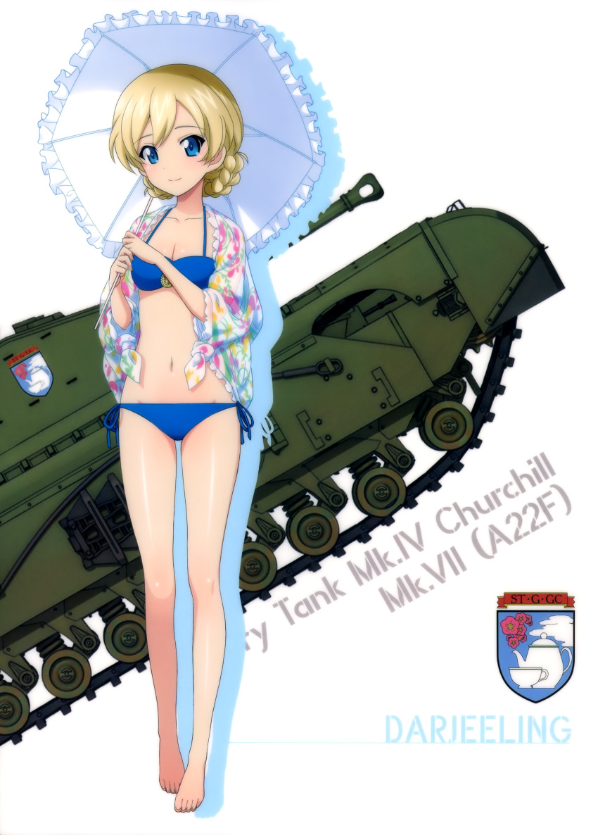 10s 1girl absurdres barefoot bikini blonde_hair blue_bikini blue_eyes breasts caterpillar_tracks character_name churchill_(tank) cleavage collarbone darjeeling emblem frilled_umbrella full_body girls_und_panzer groin ground_vehicle highres holding holding_umbrella looking_at_viewer military military_vehicle motor_vehicle navel short_hair side-tie_bikini simple_background small_breasts smile solo st._gloriana's_(emblem) standing swimsuit tank umbrella white_background white_umbrella