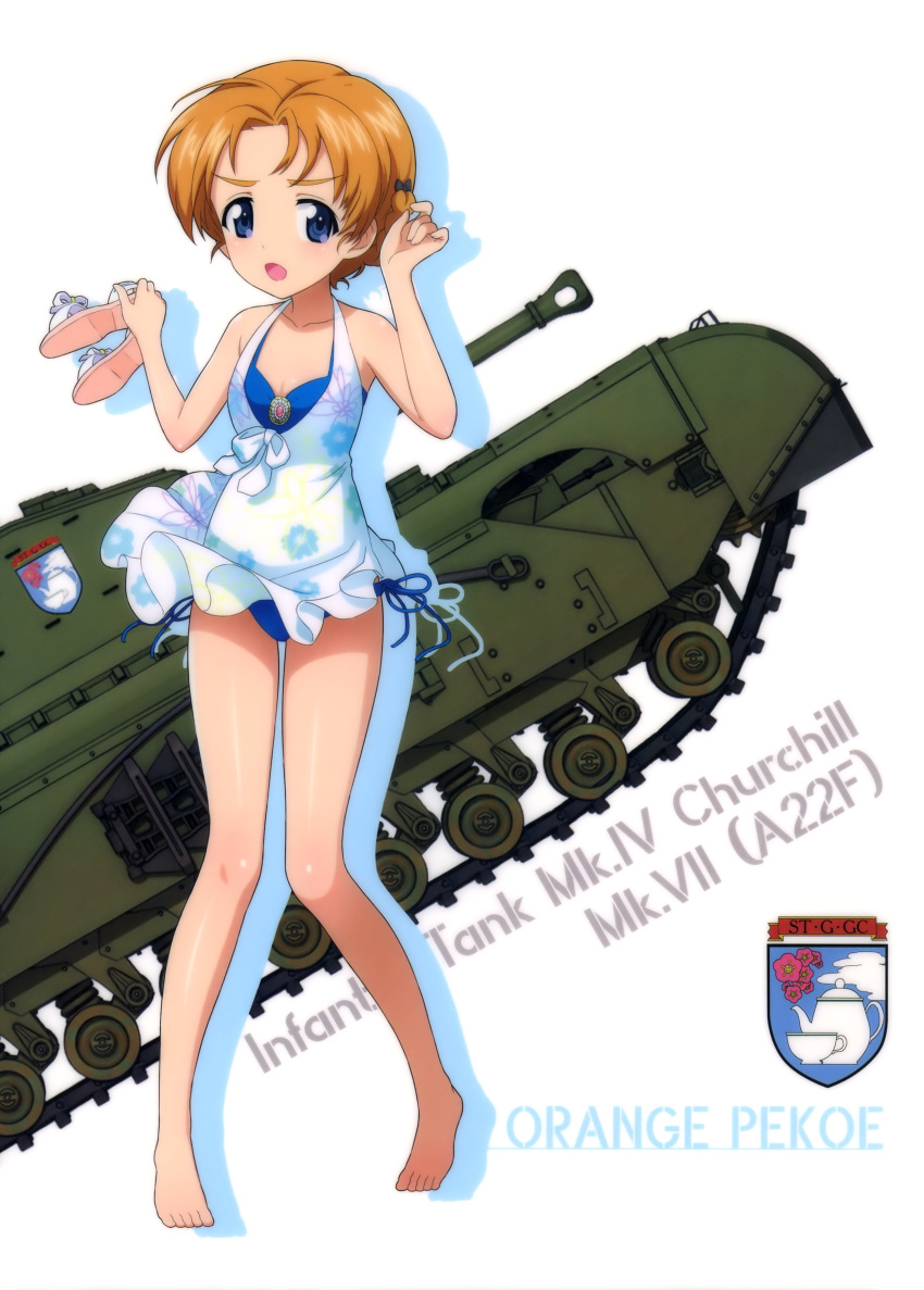 10s 1girl absurdres arm_up barefoot bikini black_bow blue_bikini blue_eyes bow breasts brown_hair caterpillar_tracks character_name churchill_(tank) cleavage collarbone dress emblem full_body girls_und_panzer ground_vehicle hair_bow highres holding holding_shoes looking_at_viewer military military_vehicle motor_vehicle open_mouth orange_pekoe shiny shiny_skin shoes short_dress short_hair simple_background sleeveless sleeveless_dress small_breasts solo st._gloriana's_(emblem) standing swimsuit tank white_background white_dress