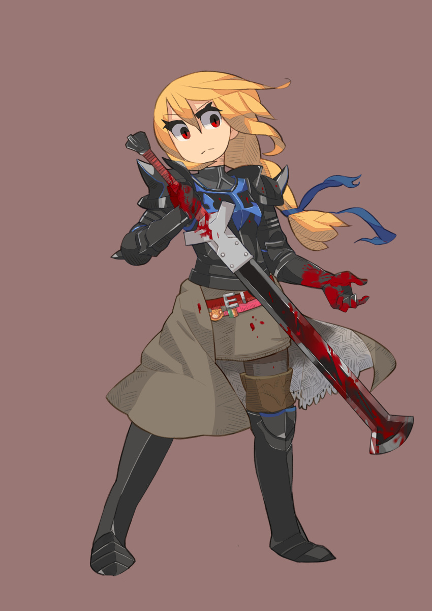 1girl absurdres agrias_oaks armor belt blonde_hair blood braid fgz final_fantasy final_fantasy_tactics gauntlets greaves highres pauldrons red_eyes skirt solo sword thigh-highs weapon