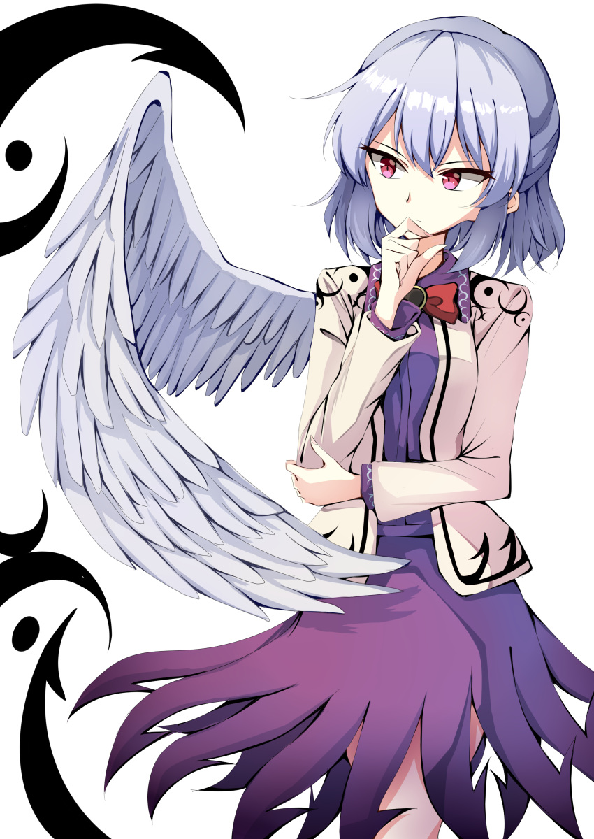 1girl absurdres bow bowtie chin_hold feathered_wings highres jacket kishin_sagume mimottei open_clothes open_jacket silver_hair single_wing solo thinking touhou white_wings wings