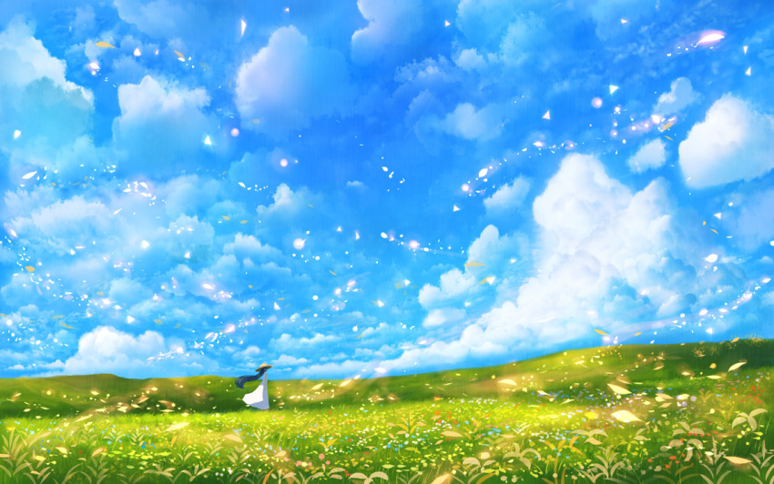 1girl absurdly_long_hair black_hair clouds cloudy_sky day from_side hat long_hair looking_away original outdoors sakimori_(hououbds) scenery sky straw_hat very_long_hair