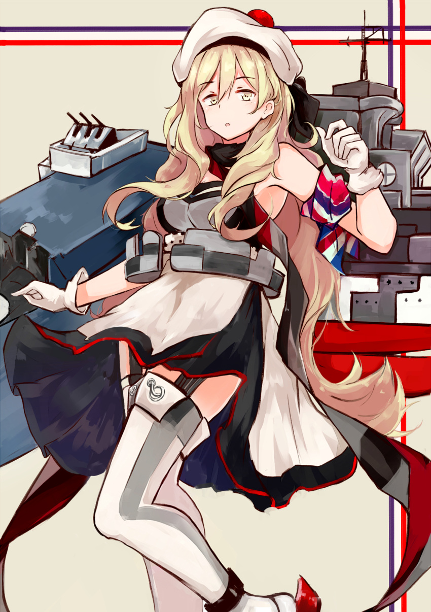 1girl armband axleaki bare_shoulders beret blonde_hair female gloves hat highres kantai_collection long_hair looking_at_viewer mole mole_under_eye richelieu_(kantai_collection) rigging solo yellow_eyes