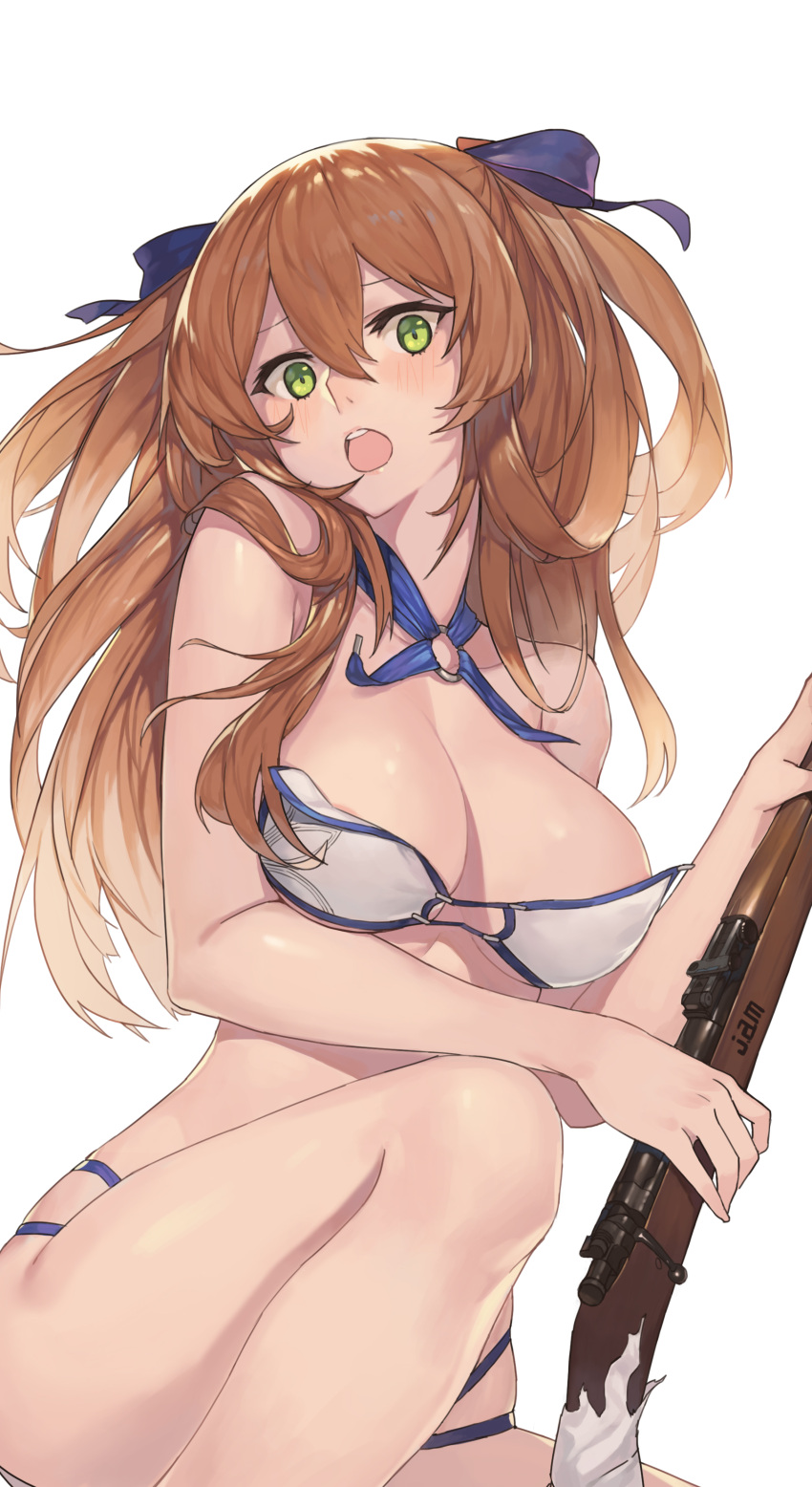 1girl :o absurdres bangs bikini blue_ribbon breasts cleavage girls_frontline gun hair_between_eyes hair_ribbon highres holding holding_gun holding_weapon knee_up large_breasts long_hair looking_down m1903_springfield m1903_springfield_(girls_frontline) nandade9 o-ring_bikini open_mouth parted_lips ribbon rifle simple_background sitting solo surprised swimsuit teeth two_side_up wardrobe_malfunction weapon white_background white_bikini
