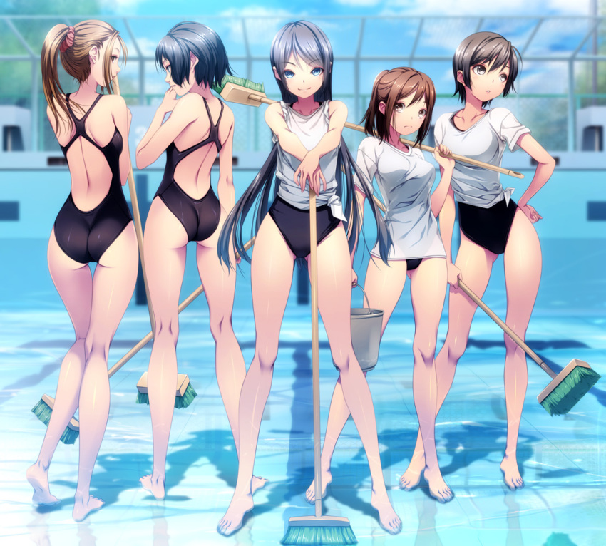 5girls ass bare_back bare_shoulders barefoot black_eyes black_hair black_swimsuit blue_eyes breasts broom brown_eyes brown_hair feet hand_on_hip legs long_hair long_legs looking_at_viewer medium_breasts multiple_girls one-piece_swimsuit original ponytail pool rezi short_hair small_breasts smile standing swimsuit thigh_gap thighs