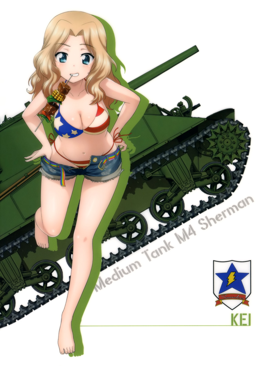 10s 1girl absurdres american_flag_bikini bare_legs barefoot bikini blue_eyes breasts cleavage cutoffs denim denim_shorts flag_print food full_body girls_und_panzer grin ground_vehicle hands_on_hips highres kay_(girls_und_panzer) kebab large_breasts leaning_forward light_brown_hair military military_vehicle motor_vehicle mouth_hold official_art open_fly open_pants pants_pull parted_lips scan short_shorts shorts side-tie_bikini smile solo standing standing_on_one_leg swimsuit tank