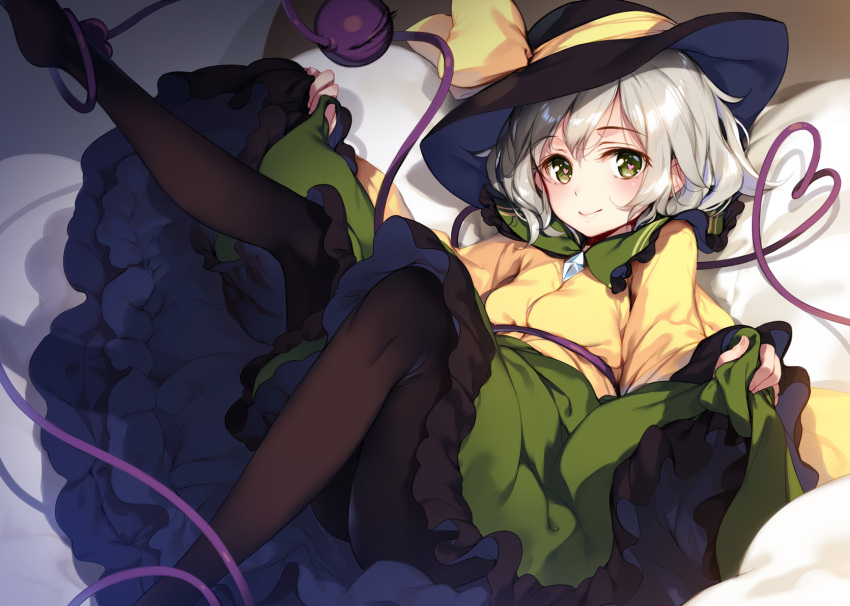 1girl bangs bed_sheet black_hat black_legwear bow eyebrows_visible_through_hair green_eyes green_skirt hat hat_bow heart heart-shaped_pupils heart_of_string highres ke-ta komeiji_koishi lifted_by_self lying on_back on_bed pantyhose shirt short_hair silver_hair skirt skirt_lift smile solo symbol-shaped_pupils third_eye touhou wide_sleeves yellow_bow yellow_shirt