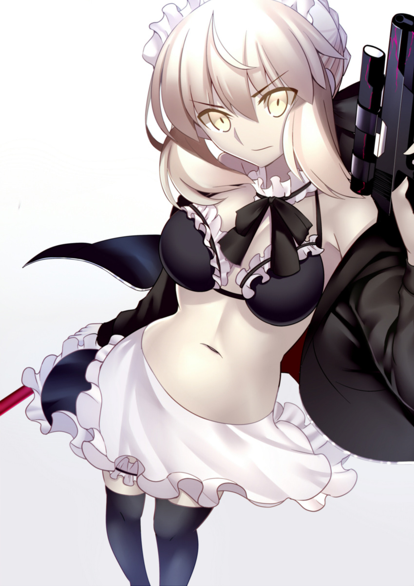 1girl apron artoria_pendragon_(all) bare_shoulders blonde_hair bra fate/grand_order fate_(series) frilled_bra frills from_above gun highres looking_up maid_headdress navel pale_skin paperfinger saber_alter scope solo thigh-highs underwear weapon yellow_eyes zettai_ryouiki