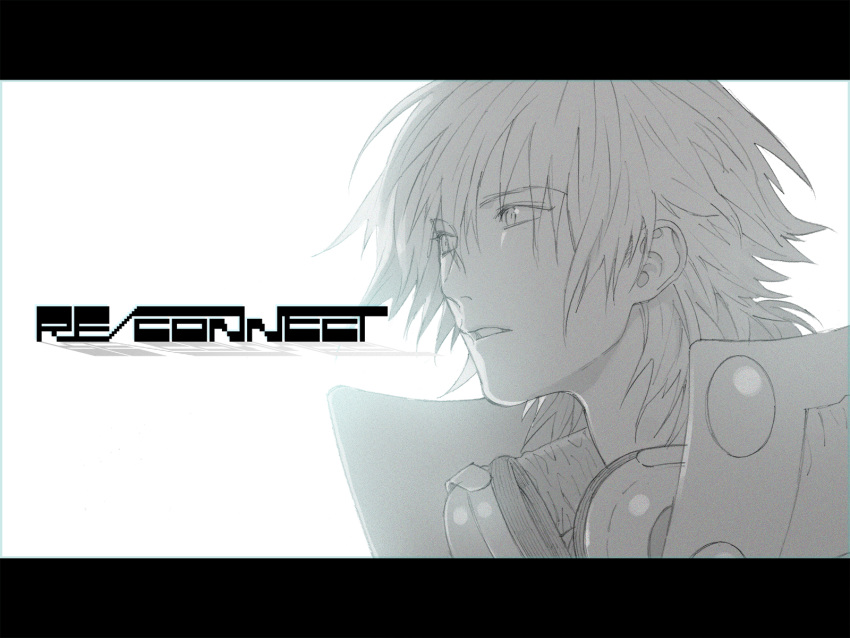 1boy copyright_name dramatical_murder greyscale headphones headphones_around_neck highres honya_lala letterboxed long_hair male_focus monochrome nitro+_chiral parted_lips seragaki_aoba simple_background solo white_background