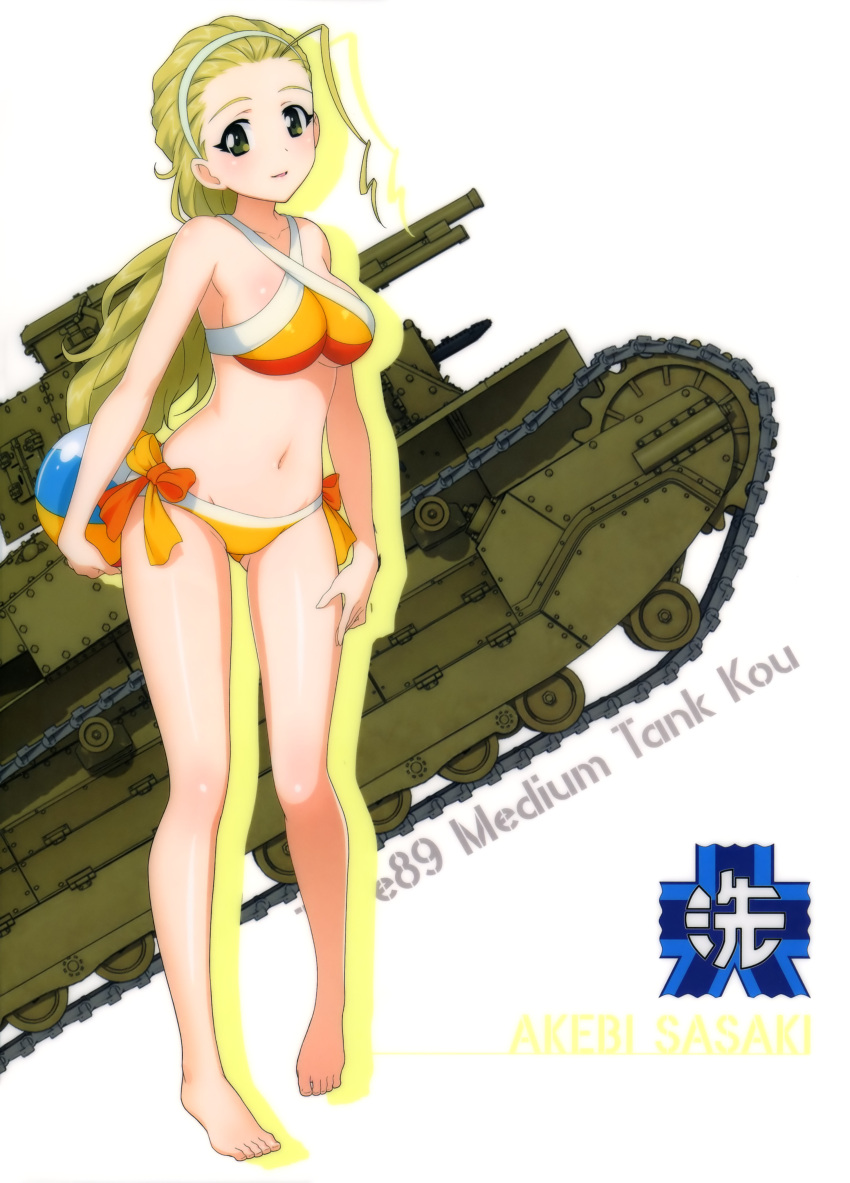 10s 1girl absurdres ball barefoot beachball bikini blonde_hair breasts caterpillar_tracks character_name collarbone emblem full_body girls_und_panzer green_eyes groin ground_vehicle hairband highres large_breasts long_hair looking_at_viewer military military_vehicle motor_vehicle navel ooarai_(emblem) orange_bikini parted_lips ponytail sasaki_akebi shiny shiny_skin sideboob simple_background solo standing swimsuit tank type_89_i-gou under_boob very_long_hair white_background white_hairband