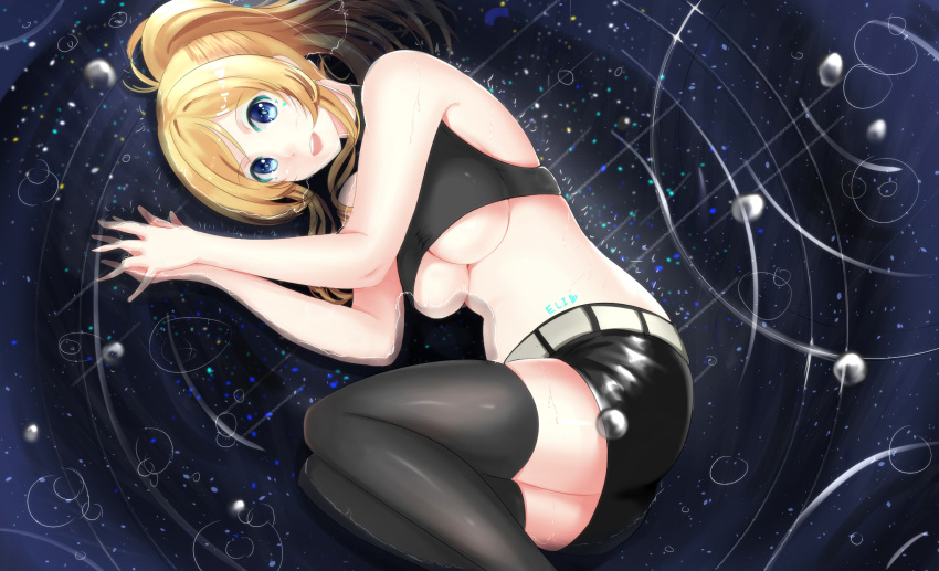 1girl ayase_eli black_legwear black_shorts blonde_hair blue_eyes breasts character_name crop_top eyebrows_visible_through_hair hands_up heart highres large_breasts legs_together long_hair looking_at_viewer love_live! love_live!_school_idol_project lying mahou_shounen on_side open_mouth own_hands_together ponytail rain ripples shorts sidelocks smile solo thigh-highs thighs under_boob