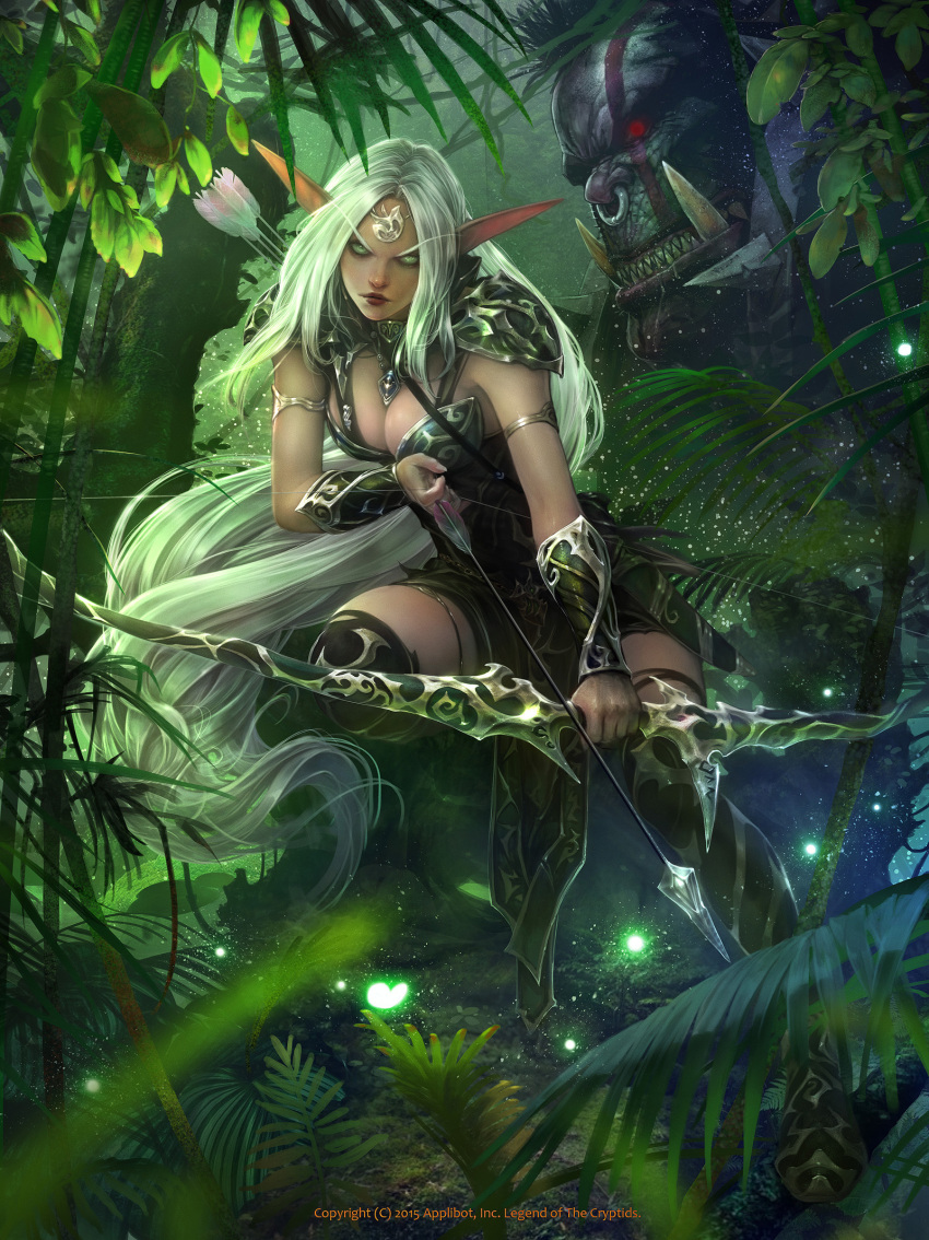 &gt;:| 1girl amulet archer_pose archery armband armlet arrow boots bow_(weapon) breasts bush cleavage closed_mouth collar copyright_name dagger dated elf eyebrows fingernails forest full_body glowing grass green_eyes highres jewelry kisuny_park large_breasts leaf legend_of_the_cryptids lips long_eyebrows long_hair looking_at_viewer nature necklace orc outdoors plant pointy_ears quiver sheath solo spaulders squatting thigh-highs thigh_boots thighlet tiara watermark weapon white_hair